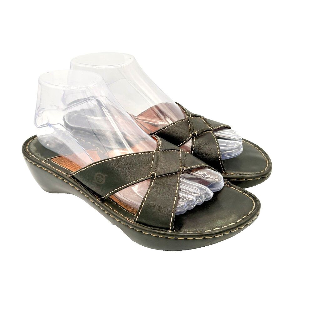 Born Black Leather Slide Wedge Mules Slip-On Sandals Classic Hand Crafted size 9